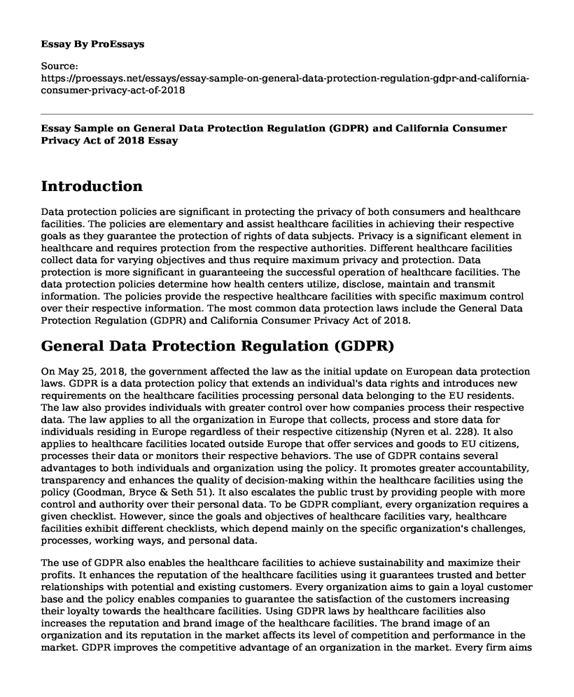Essay Sample on General Data Protection Regulation (GDPR) and California Consumer Privacy Act of 2018