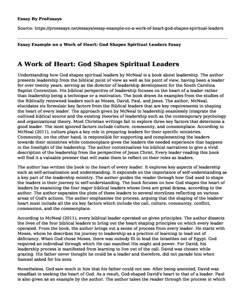 Essay Example on a Work of Heart: God Shapes Spiritual Leaders