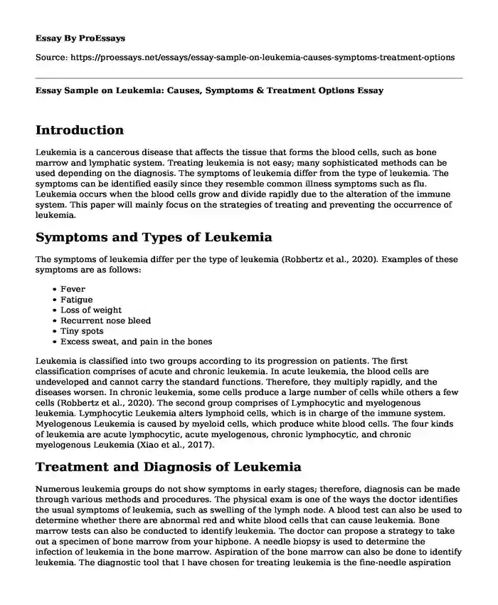 Essay Sample on Leukemia: Causes, Symptoms & Treatment Options