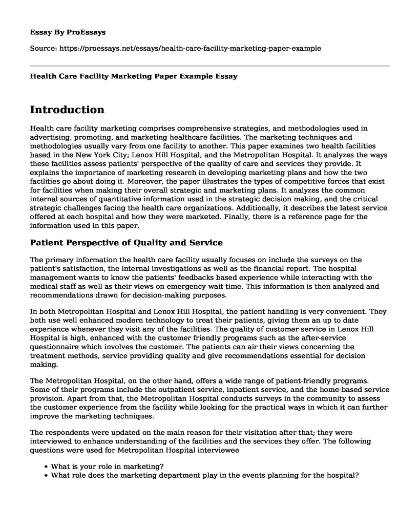Health Care Facility Marketing Paper Example