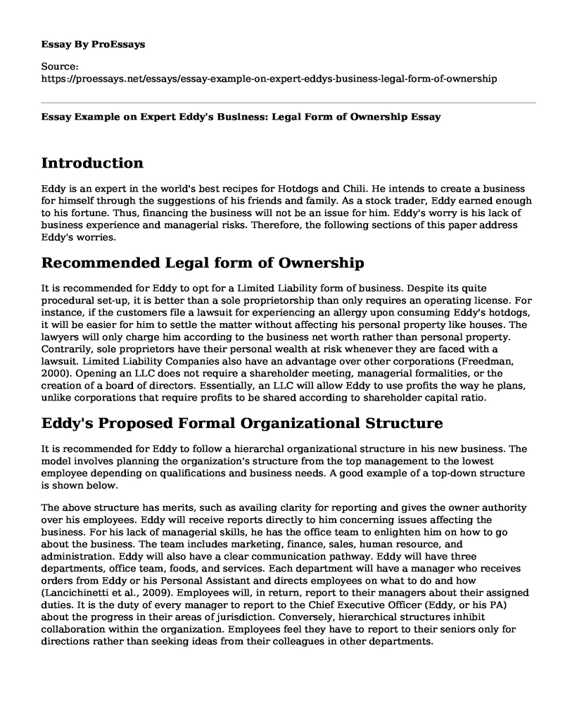Essay Example on Expert Eddy's Business: Legal Form of Ownership