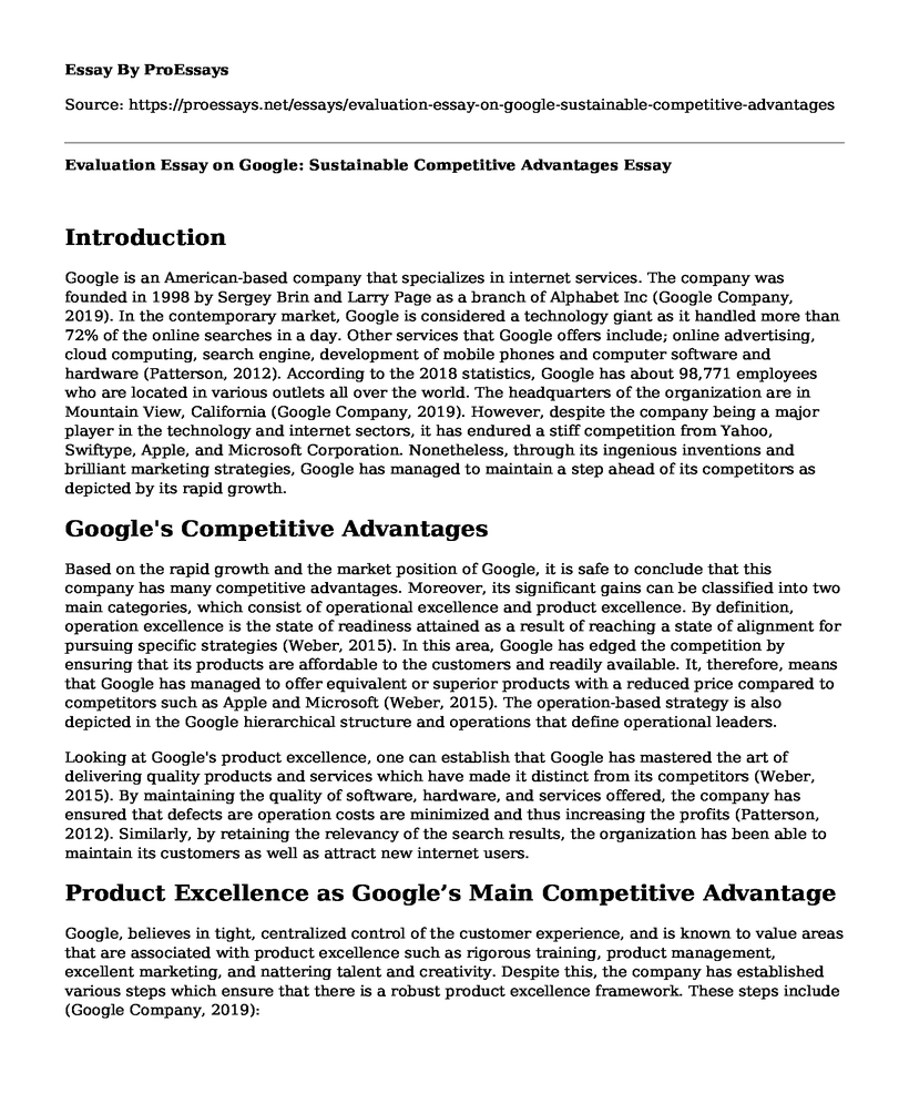 Evaluation Essay on Google: Sustainable Competitive Advantages