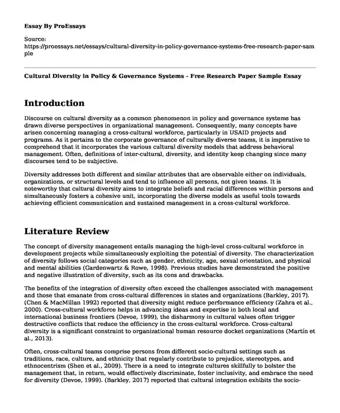 Cultural Diversity in Policy & Governance Systems - Free Research Paper Sample