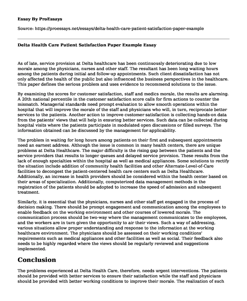 Delta Health Care Patient Satisfaction Paper Example