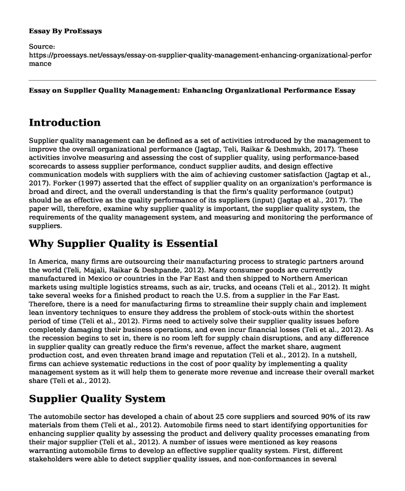 Essay on Supplier Quality Management: Enhancing Organizational Performance