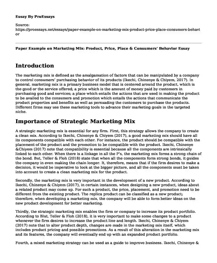 Paper Example on Marketing Mix: Product, Price, Place & Consumers' Behavior