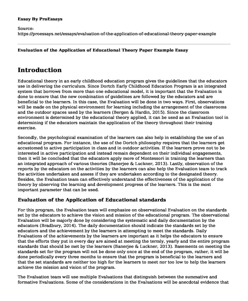 Evaluation of the Application of Educational Theory Paper Example