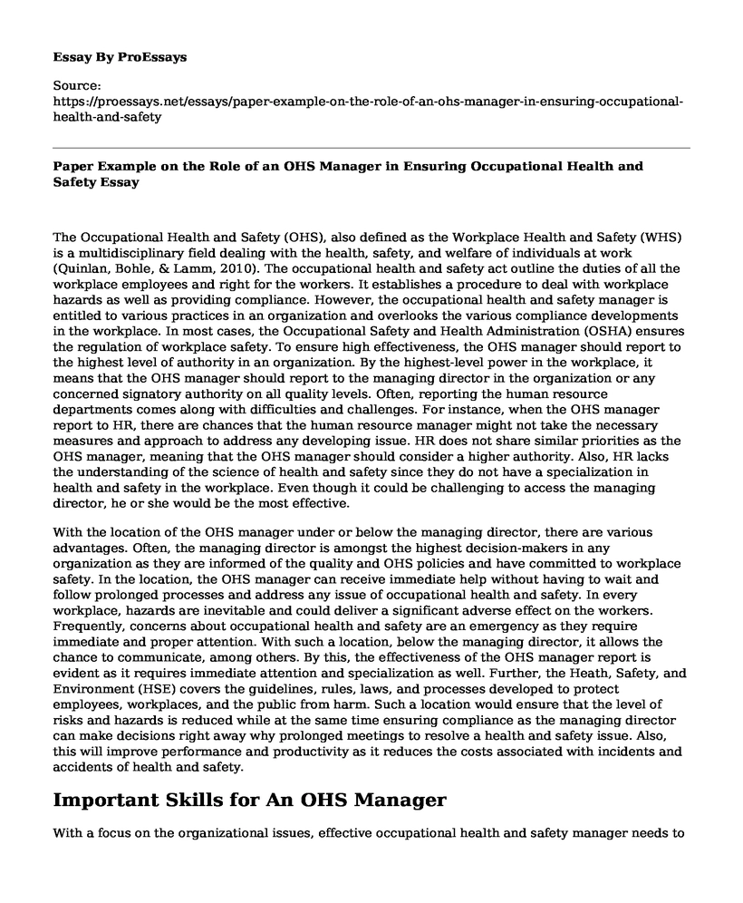 Paper Example on the Role of an OHS Manager in Ensuring Occupational Health and Safety