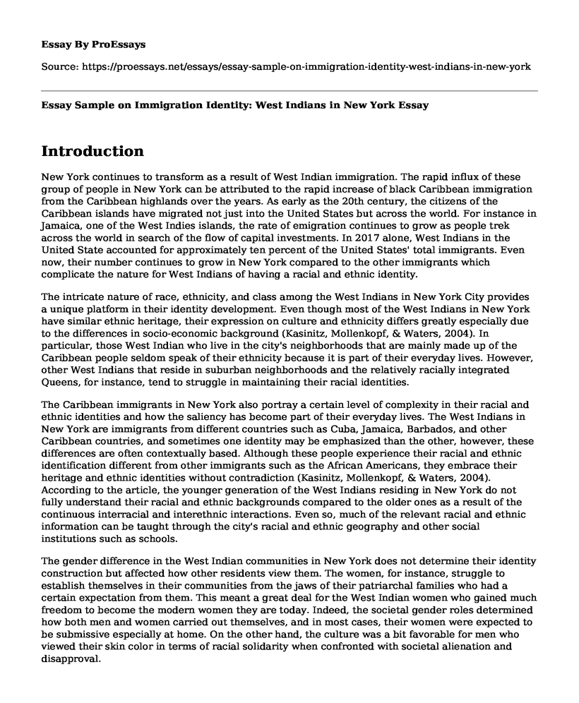 Essay Sample on Immigration Identity: West Indians in New York