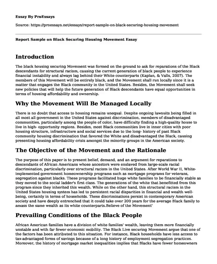 Report Sample on Black Securing Housing Movement