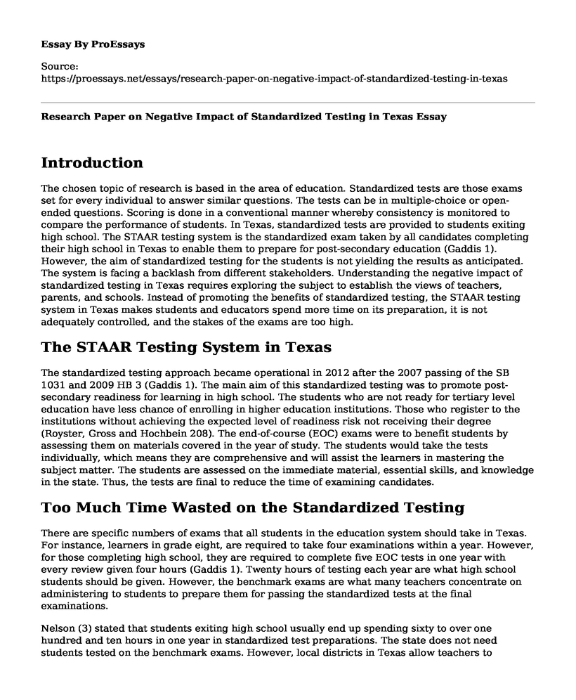 Research Paper on Negative Impact of Standardized Testing in Texas