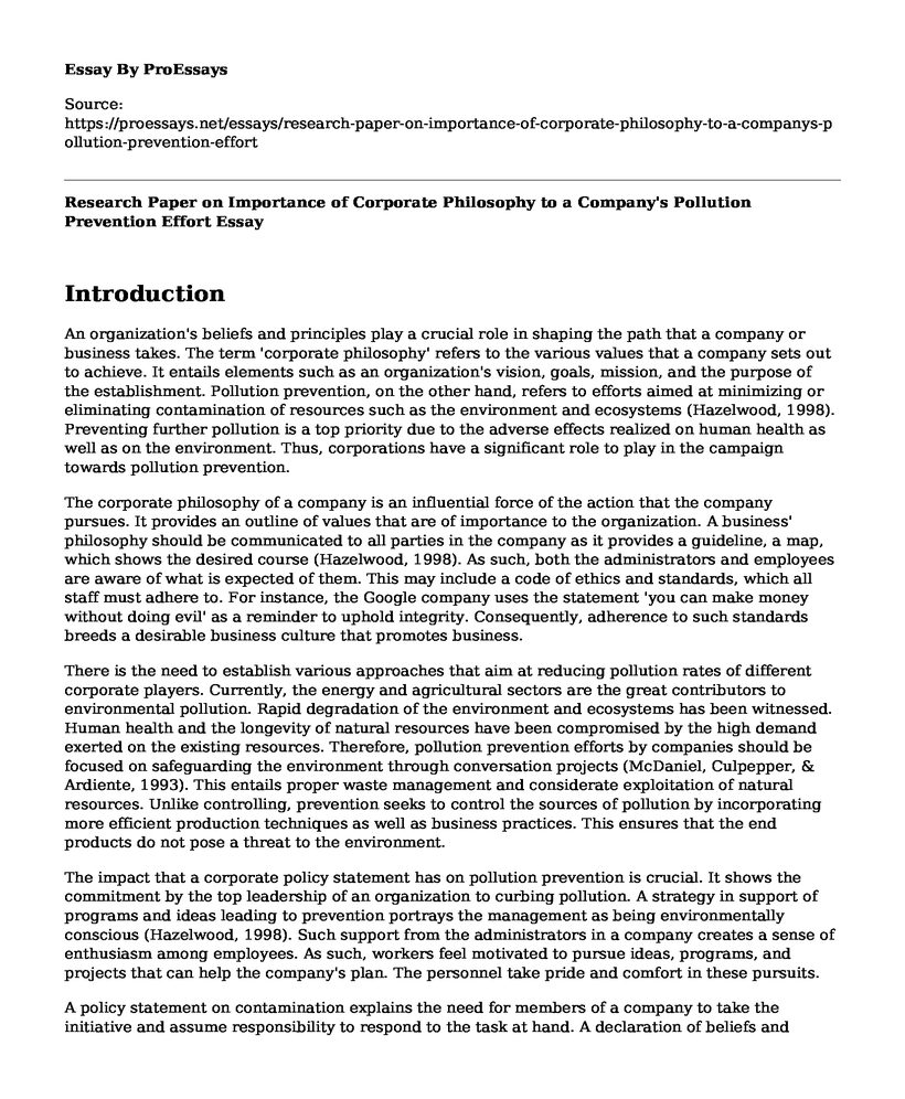 Research Paper on Importance of Corporate Philosophy to a Company's Pollution Prevention Effort