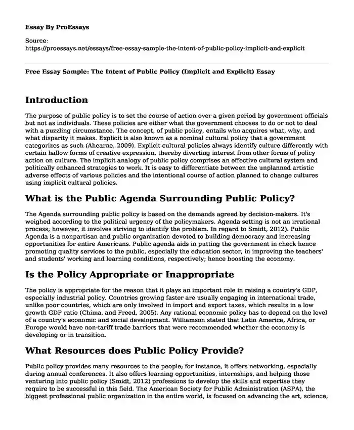 Free Essay Sample: The Intent of Public Policy (Implicit and Explicit)