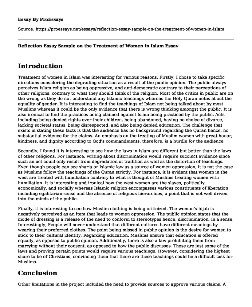 Reflection Essay Sample on the Treatment of Women in Islam