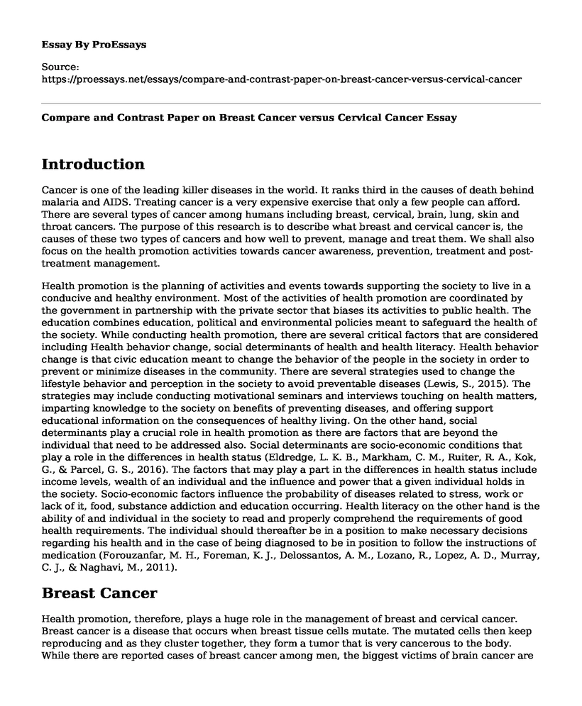 Compare and Contrast Paper on Breast Cancer versus Cervical Cancer
