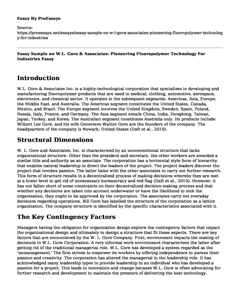 Essay Sample on W.L. Gore & Associates: Pioneering Fluoropolymer Technology For Industries