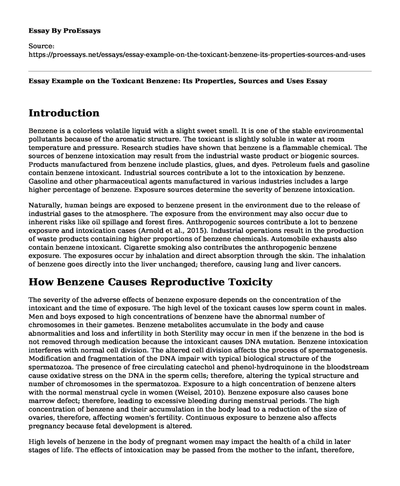 Essay Example on the Toxicant Benzene: Its Properties, Sources and Uses