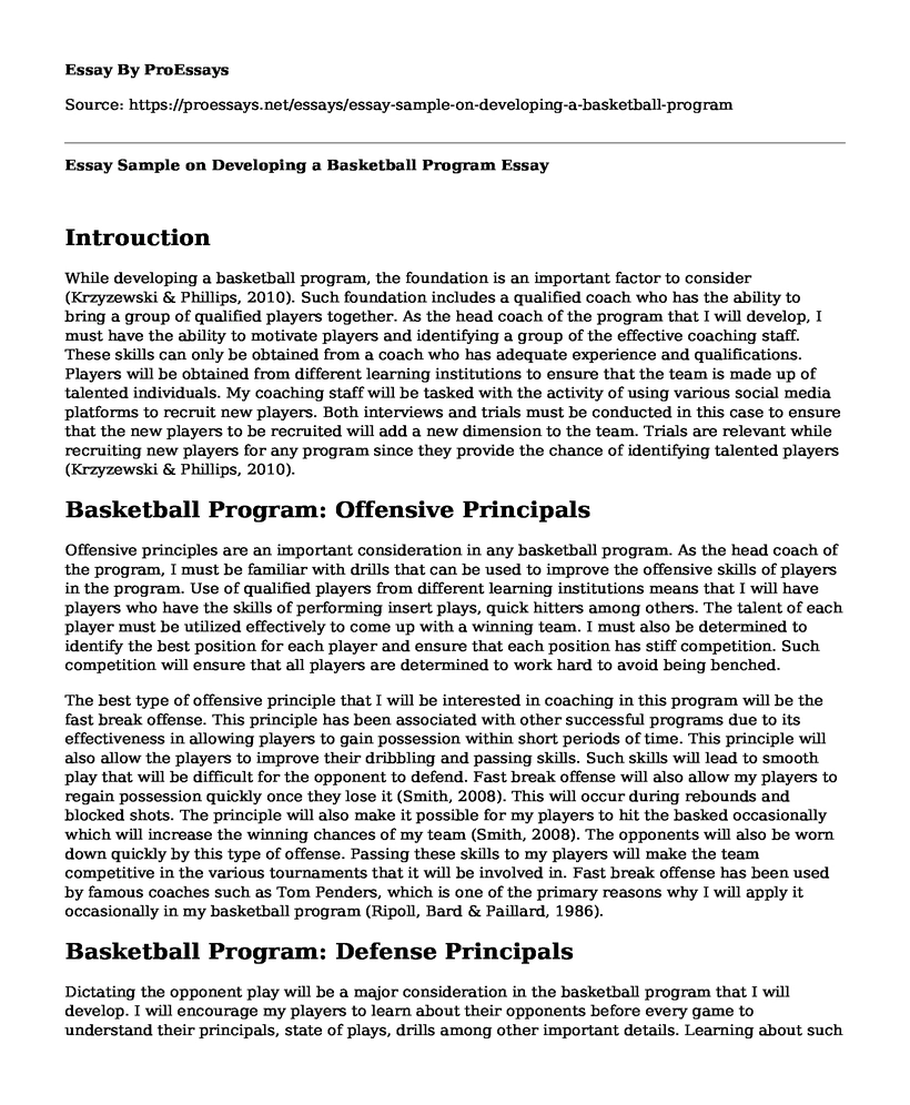 Essay Sample on Developing a Basketball Program