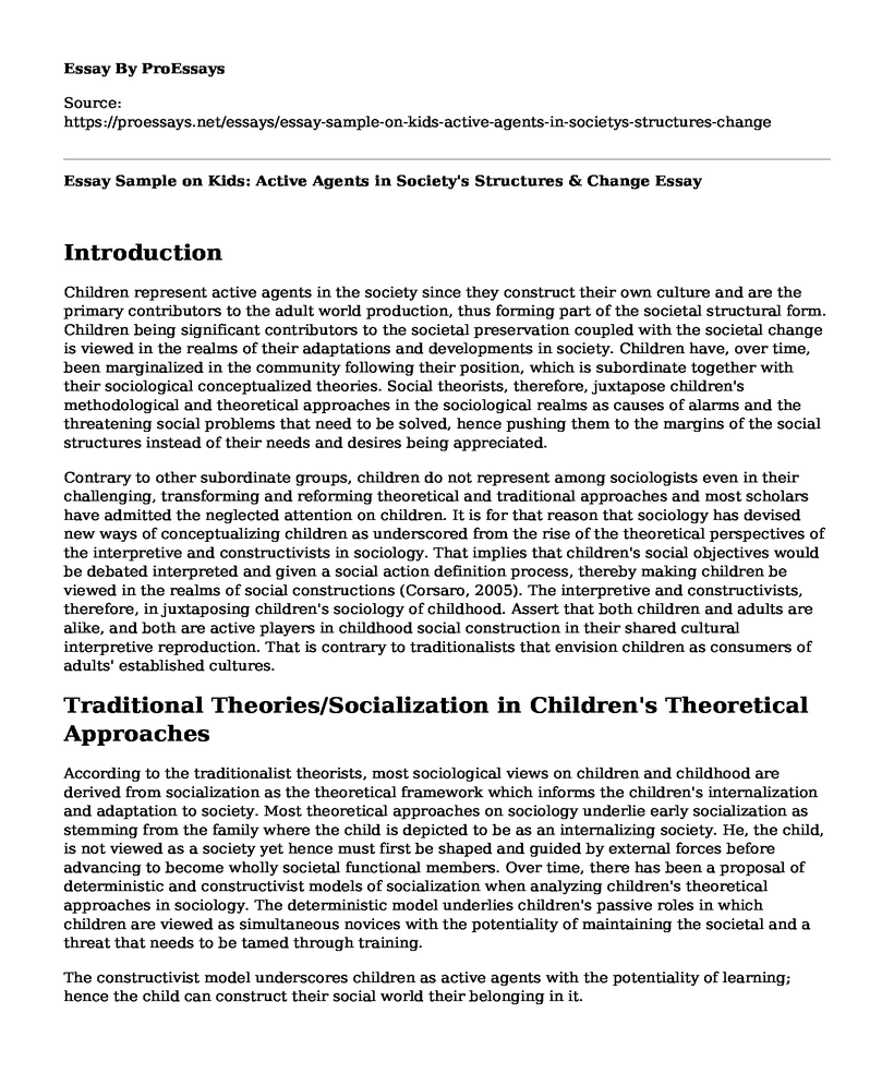 Essay Sample on Kids: Active Agents in Society's Structures & Change