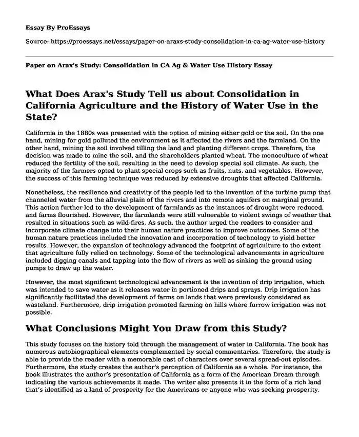Paper on Arax's Study: Consolidation in CA Ag & Water Use History