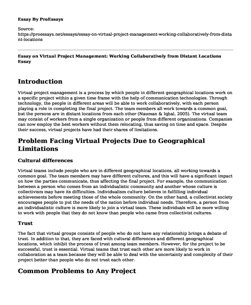 Essay on Virtual Project Management: Working Collaboratively from Distant Locations