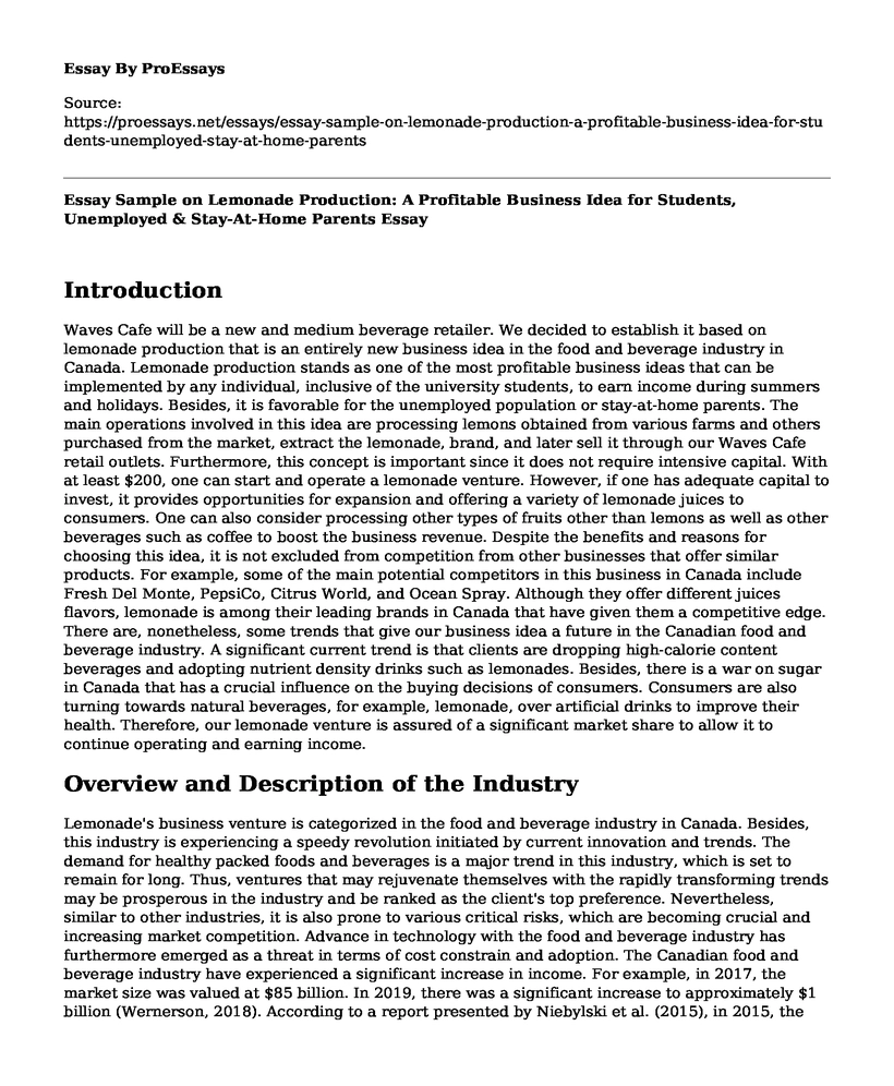 Essay Sample on Lemonade Production: A Profitable Business Idea for Students, Unemployed & Stay-At-Home Parents