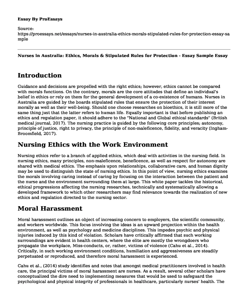 Nurses in Australia: Ethics, Morals & Stipulated Rules for Protection - Essay Sample