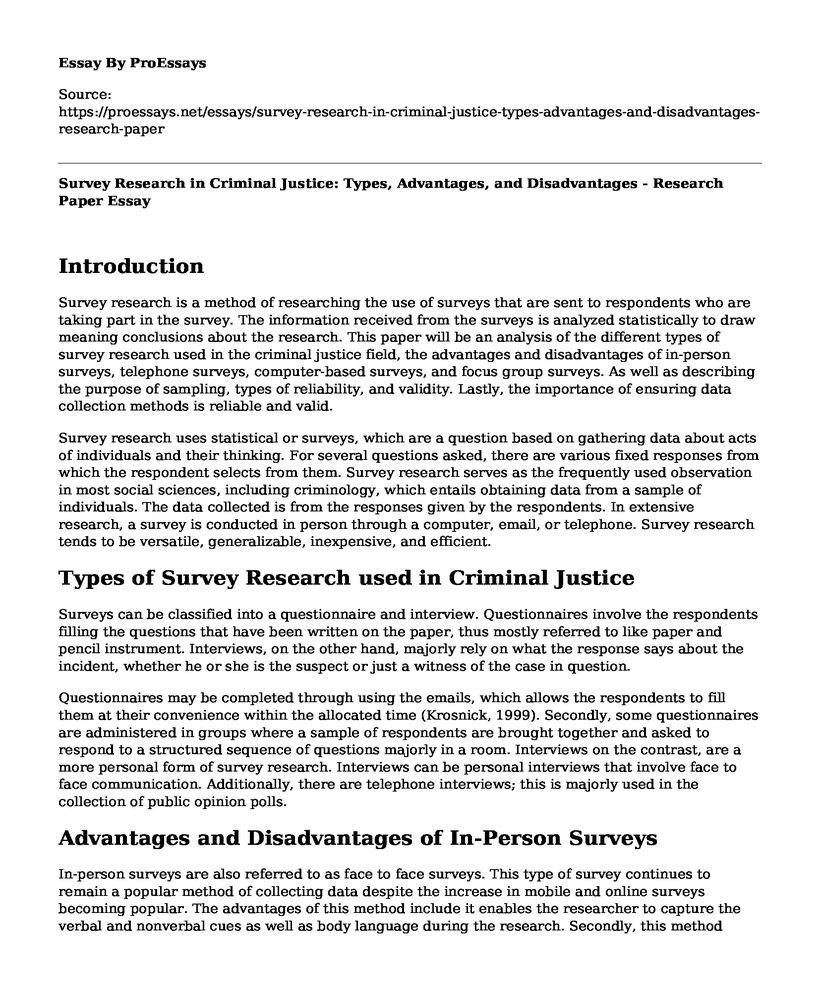Survey Research in Criminal Justice: Types, Advantages, and Disadvantages - Research Paper