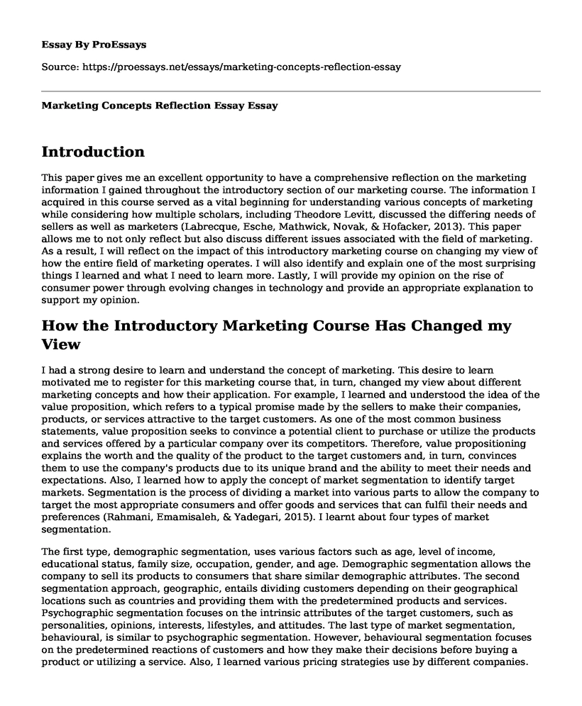 Marketing Concepts Reflection Essay