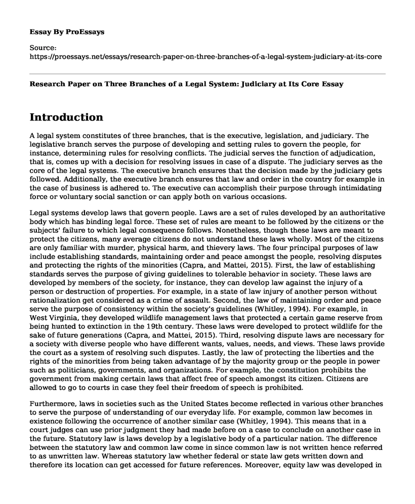 Research Paper on Three Branches of a Legal System: Judiciary at Its Core