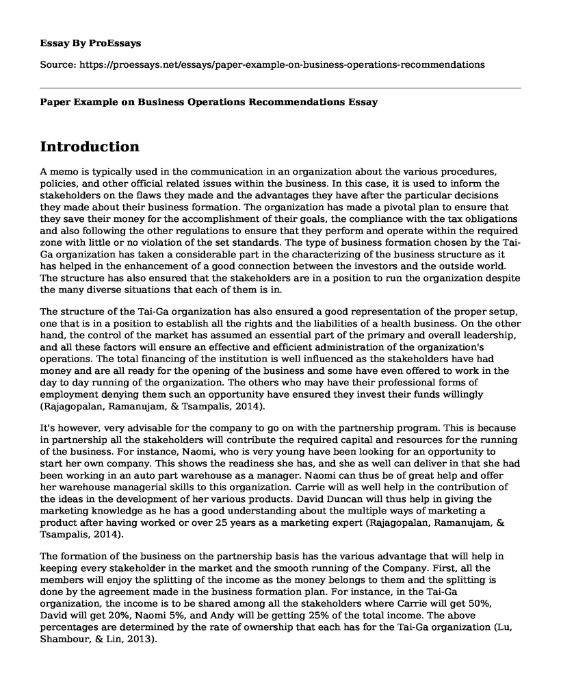Paper Example on Business Operations Recommendations