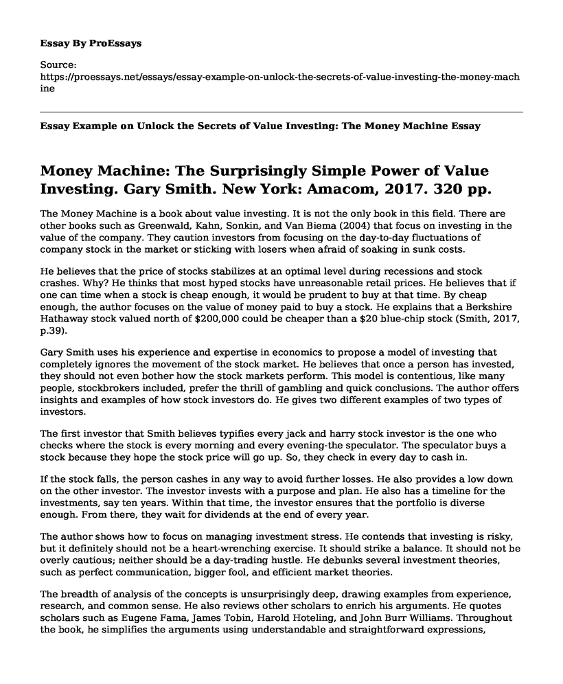 Essay Example on Unlock the Secrets of Value Investing: The Money Machine