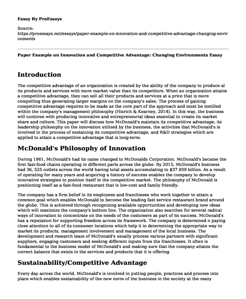 Paper Example on Innovation and Competitive Advantage: Changing Environments