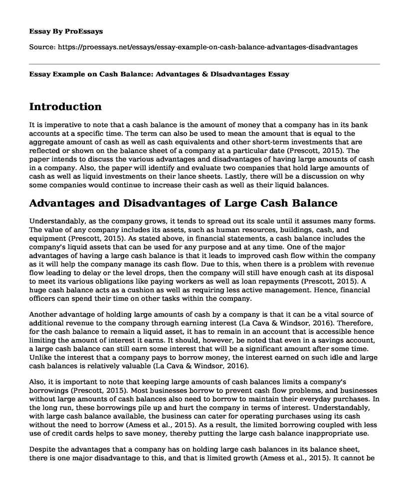 Essay Example on Cash Balance: Advantages & Disadvantages