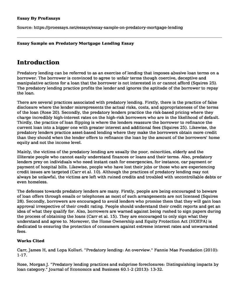 Essay Sample on Predatory Mortgage Lending