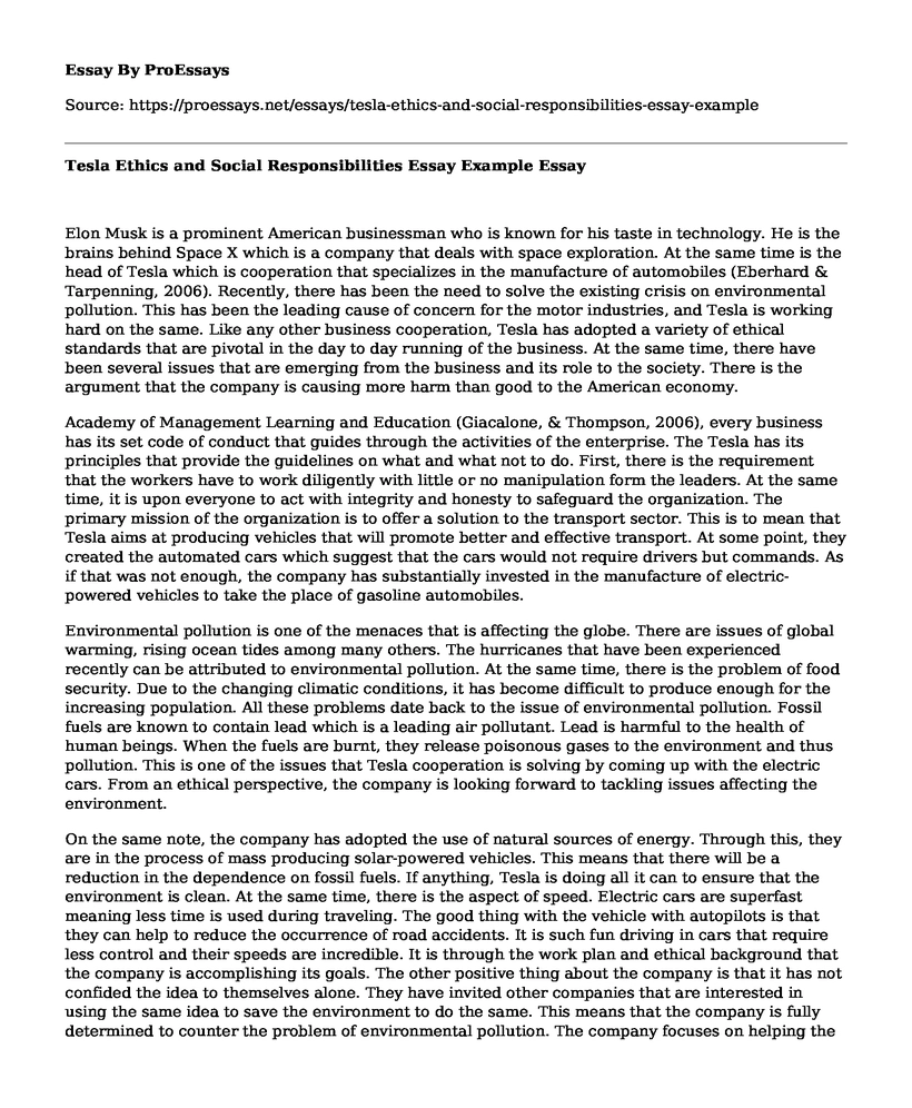 Tesla Ethics and Social Responsibilities Essay Example