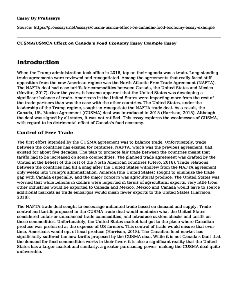CUSMA/USMCA Effect on Canada's Food Economy Essay Example