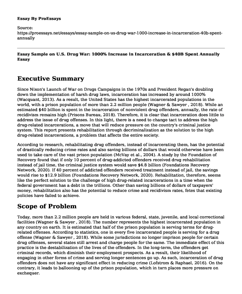 Essay Sample on U.S. Drug War: 1000% Increase in Incarceration & $40B Spent Annually