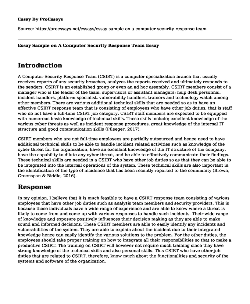 Essay Sample on A Computer Security Response Team
