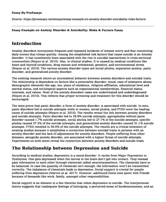 Essay Example on Anxiety Disorder & Suicidality: Risks & Factors