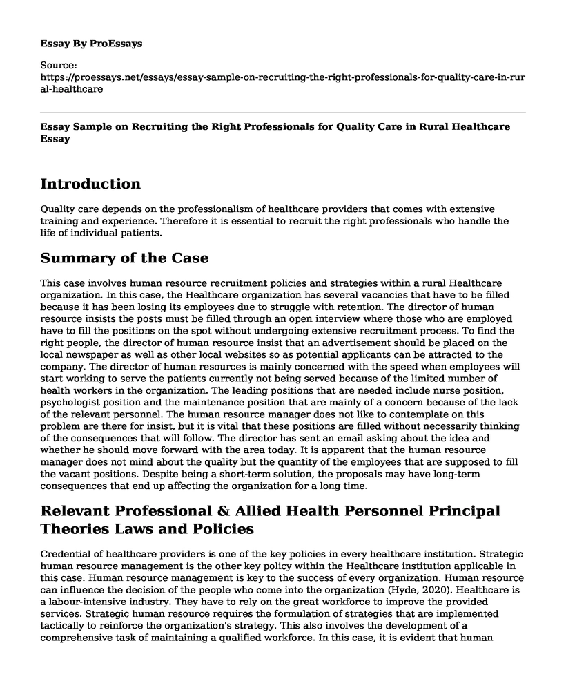 Essay Sample on Recruiting the Right Professionals for Quality Care in Rural Healthcare
