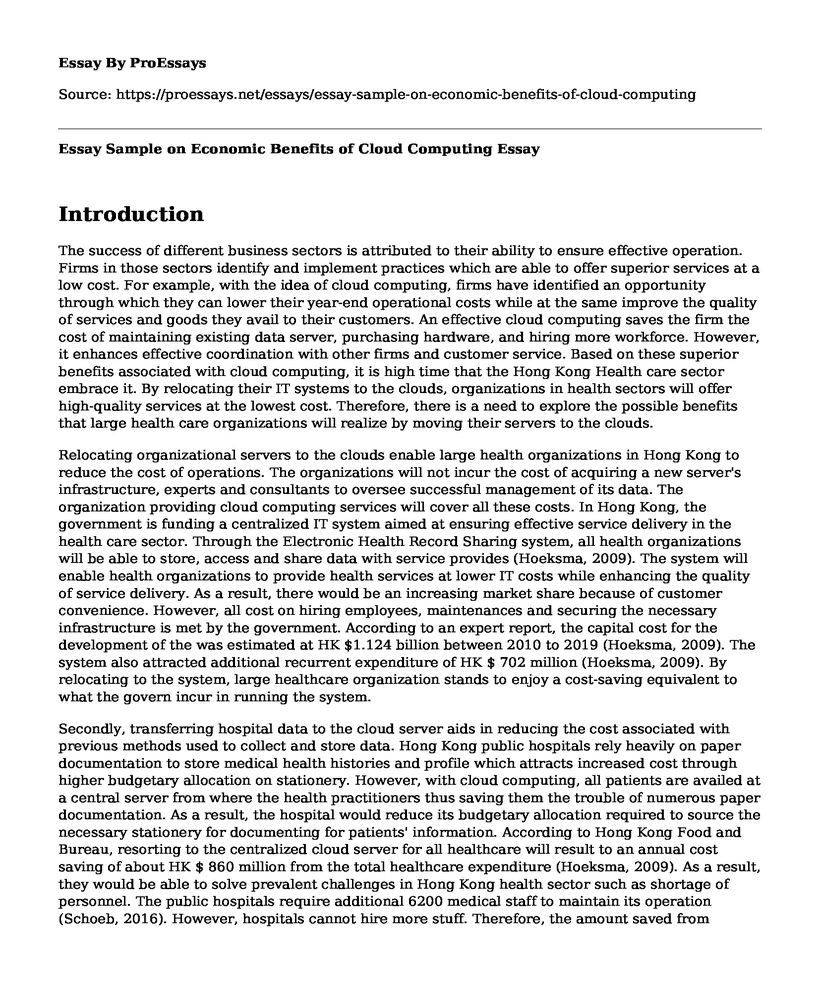 Essay Sample on Economic Benefits of Cloud Computing