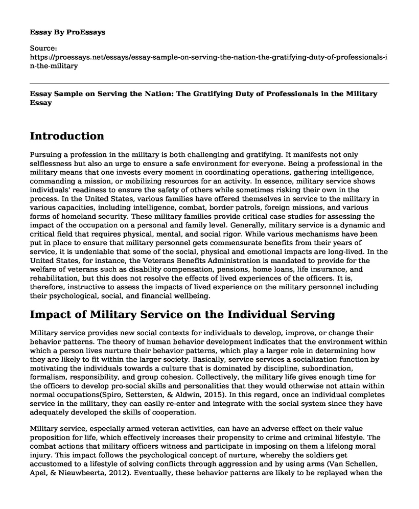 Essay Sample on Serving the Nation: The Gratifying Duty of Professionals in the Military