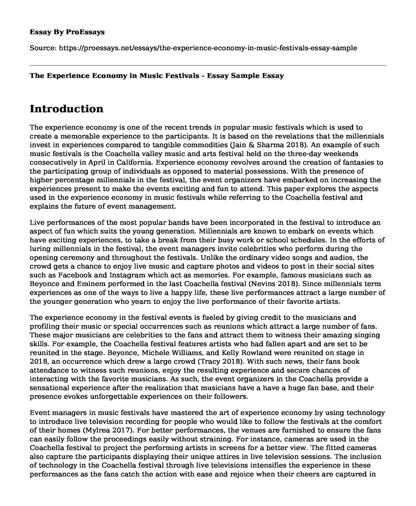 The Experience Economy in Music Festivals - Essay Sample