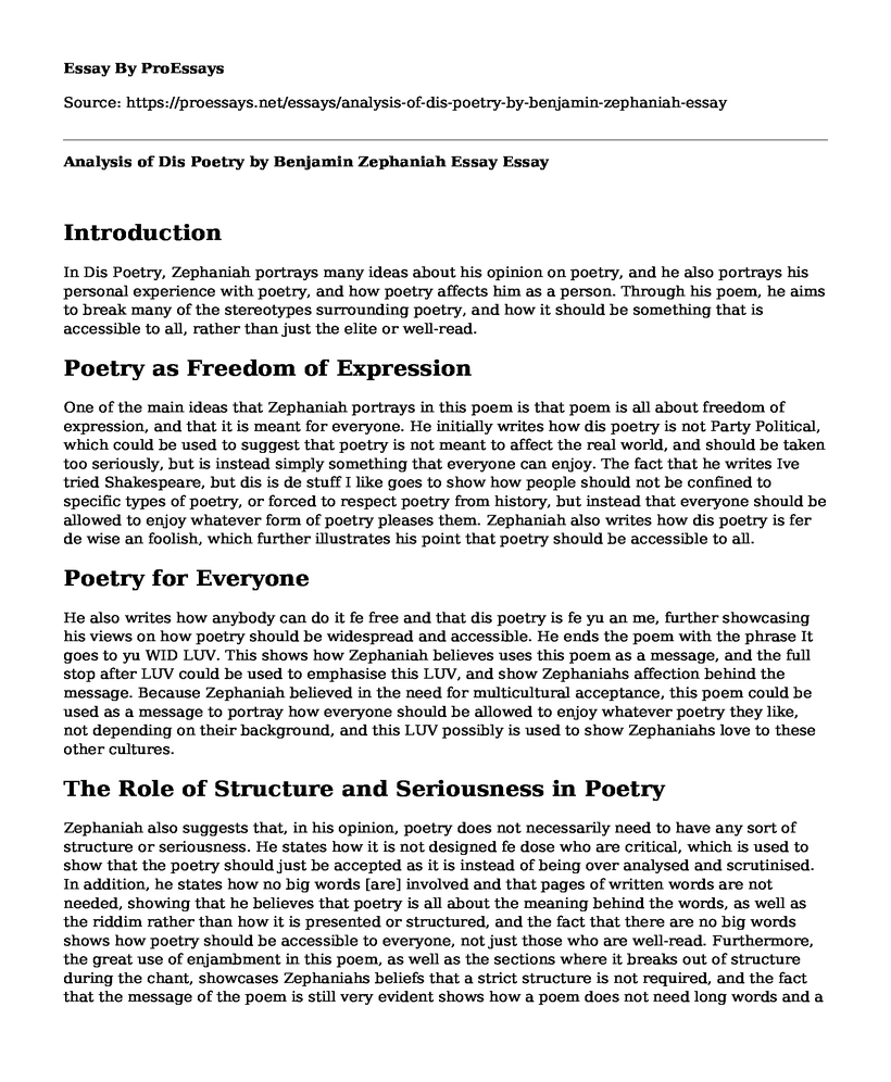 Analysis of Dis Poetry by Benjamin Zephaniah Essay