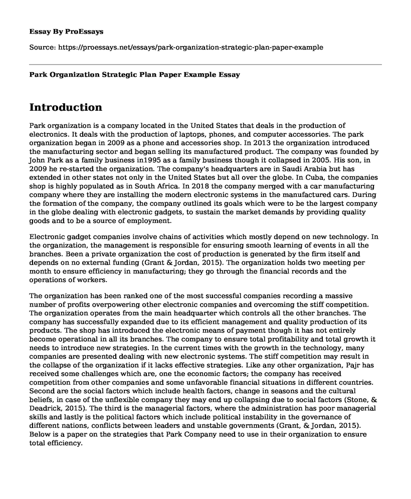 Park Organization Strategic Plan Paper Example