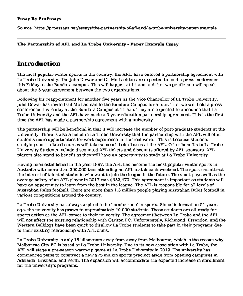 The Partnership of AFL and La Trobe University - Paper Example