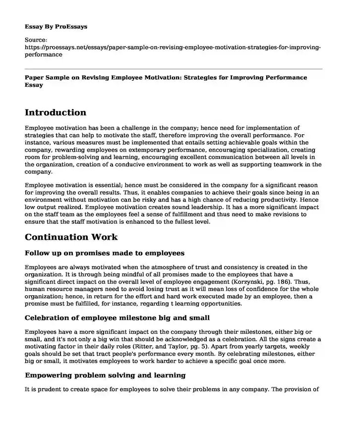 Paper Sample on Revising Employee Motivation: Strategies for Improving Performance