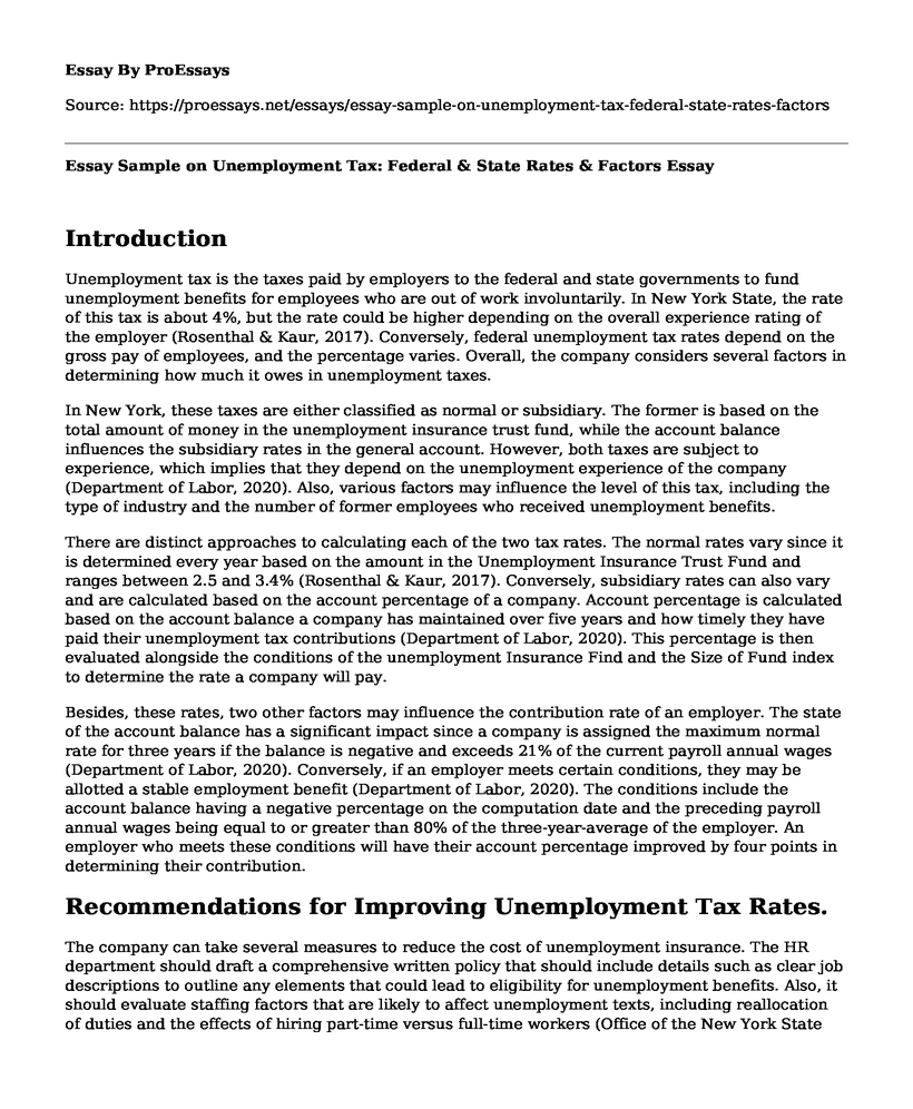 Essay Sample on Unemployment Tax: Federal & State Rates & Factors