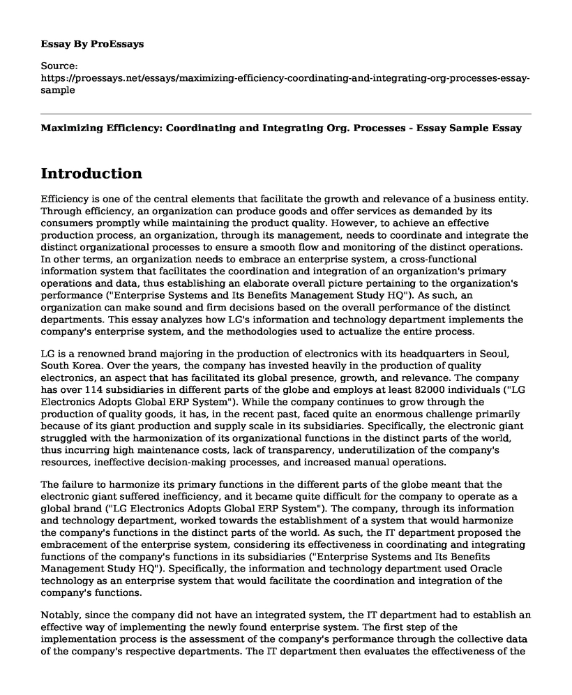 Maximizing Efficiency: Coordinating and Integrating Org. Processes - Essay Sample